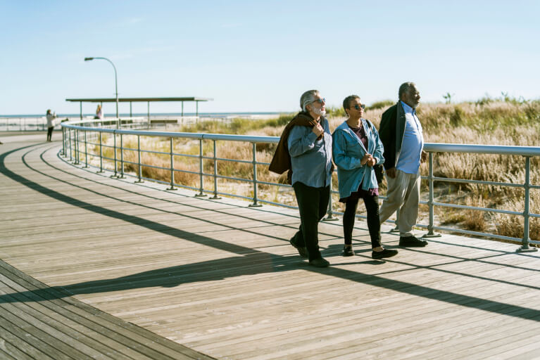 Seniors walking in Jones Beach in Nassau County